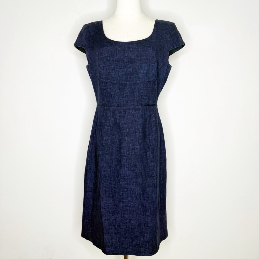 Hobbs London 100% Flax Denim Dress Navy Blue Size 10 US 6 Scoop Neck